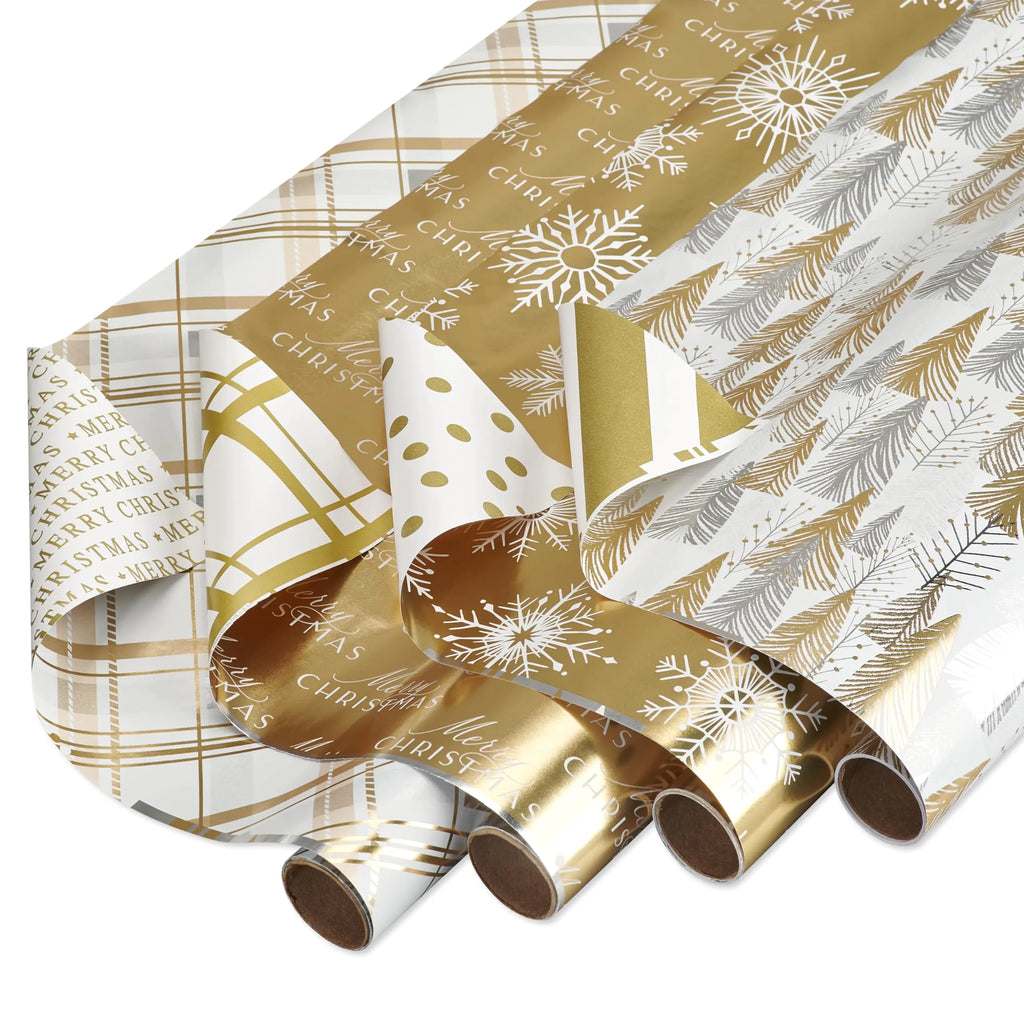 American Greetings 80 sq. ft. Gold Wrapping Paper Bundle (Snowflakes) for Christmas New Years and All Holidays (4 Rolls 30 in. x 8 ft.)