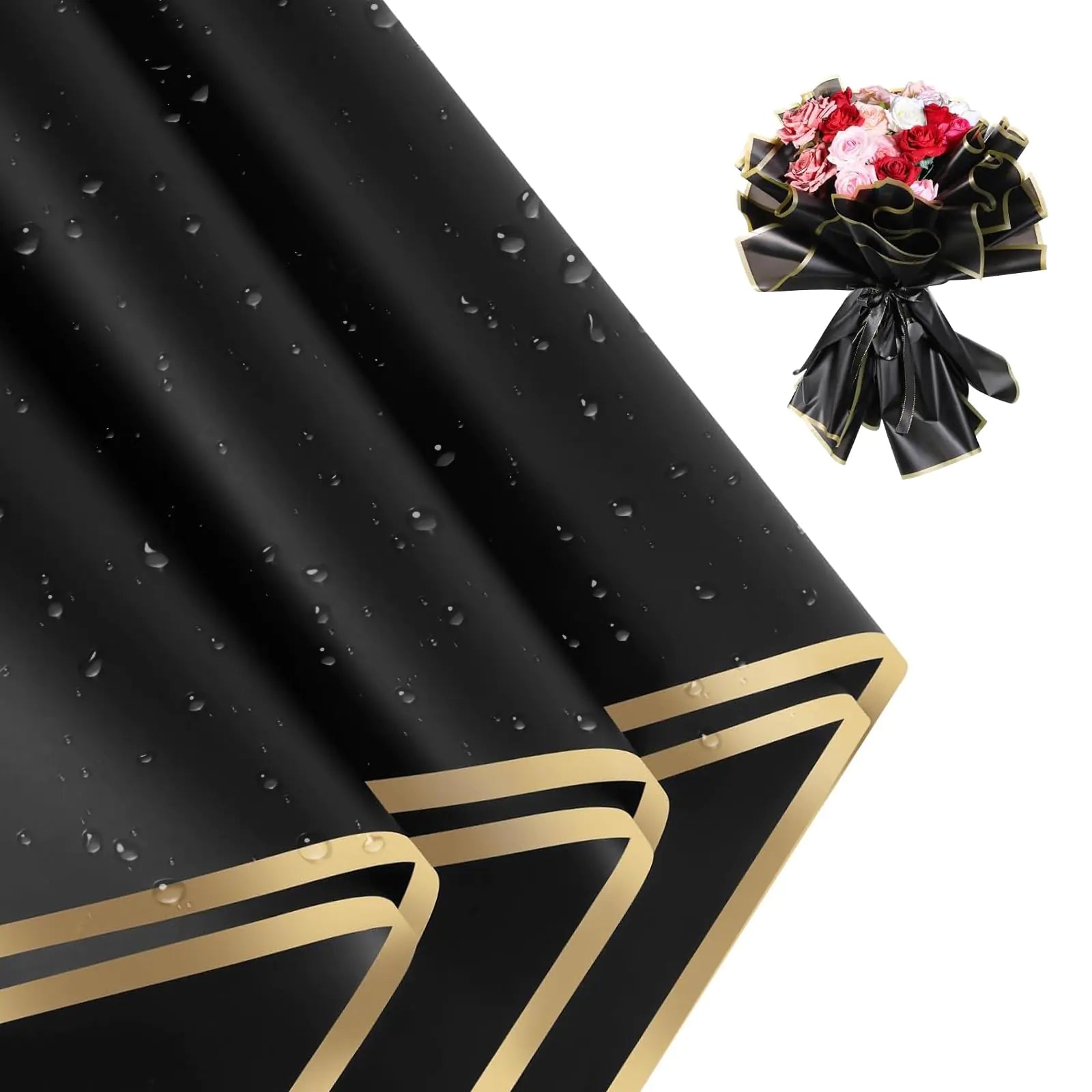 LDFDRT Flower Wrapping Paper 20 Sheets Bouquet Wrapping Paper Floral Wrapping Paper Bouquet Waterproof Wedding Paper For Flowers Bouquets DIY Crafts 22.8 * 22.8 Inches (black-gold)